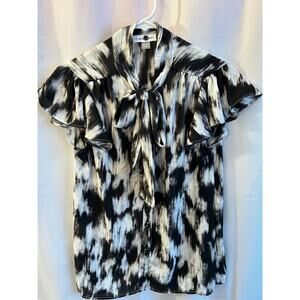 Calvin Klein Flutter Sleeve Abstract Blouse Neck Tie Semi Sheer